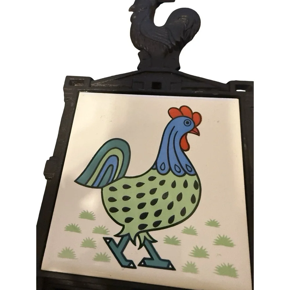 2 Vintage Cherry Cast Iron Framed Tile Trivet Colorful Rooster 70's Japan